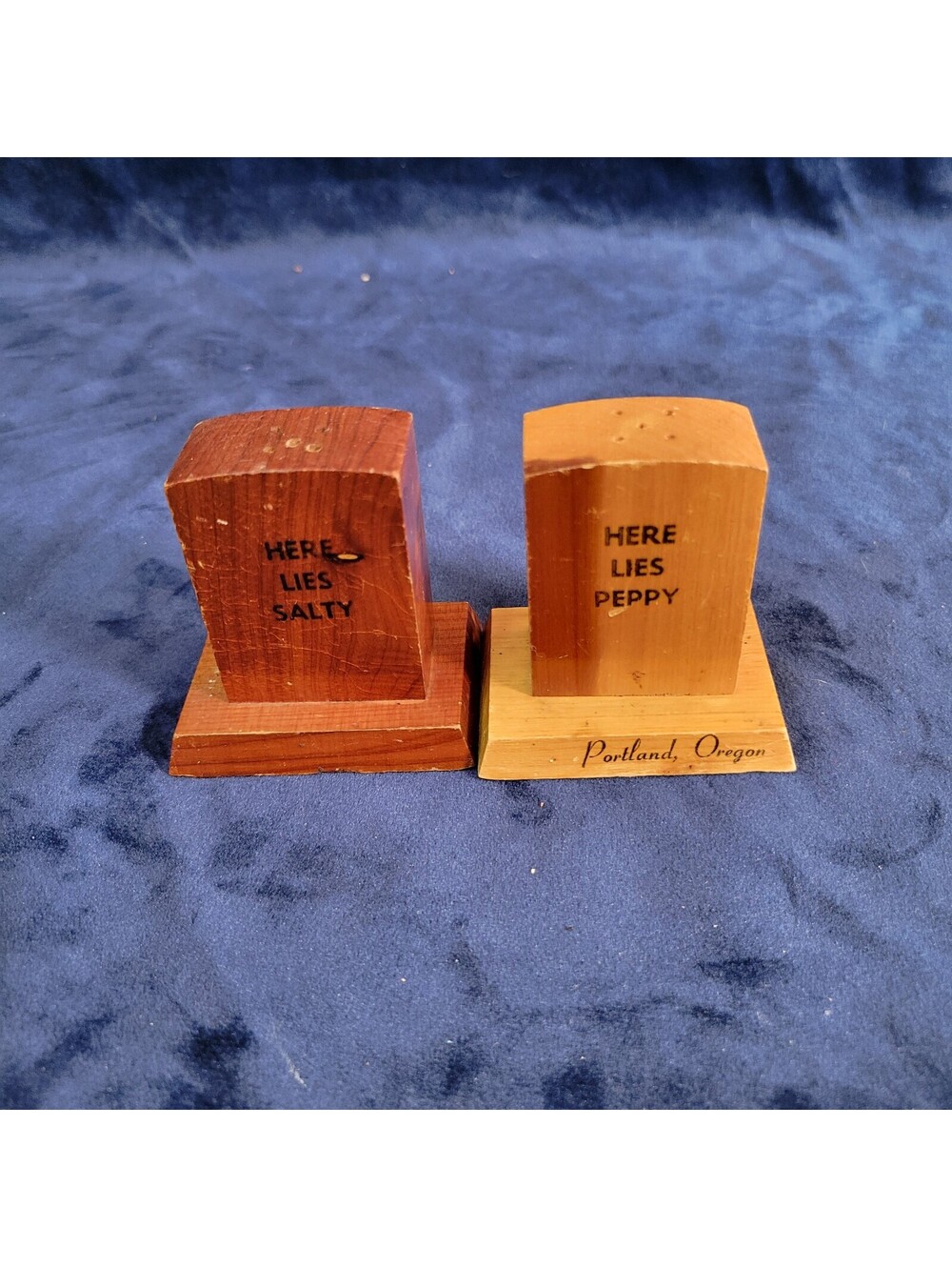 Vintage Portland Oregon Wooden Salt Pepper Shakers Here Lies Salty Peppy